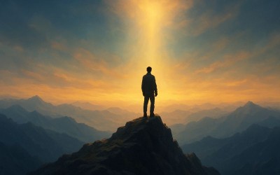 A silhouette of a person standing triumphantly on a mountain peak at sunset, looking toward a divine light from heaven, representing God's presence and strength.