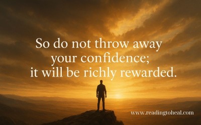 Silhouette of a man standing on a mountain peak at sunrise with Hebrews 10:35 Bible verse about confidence.