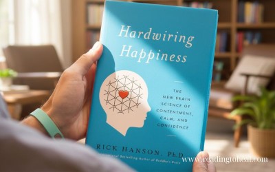 Close-up of a person holding the blue book "Hardwiring Happiness" by Rick Hanson, Ph.D., showing the cover art of a human profile with a red heart inside a neural network.