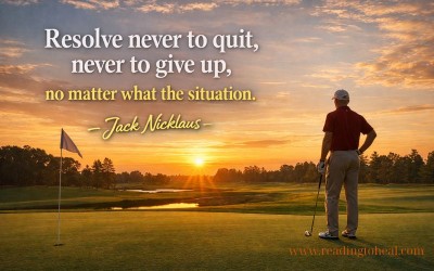Jack Nicklaus quote on perseverance and never giving up with a golfer watching the sunset.