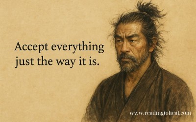 Portrait of Miyamoto Musashi with a quote about radical acceptance.