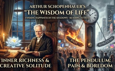 A split illustration showing Arthur Schopenhauer in a study with a lotus flower on the left and a giant pendulum swinging between "Pain" and "Boredom" on the right.