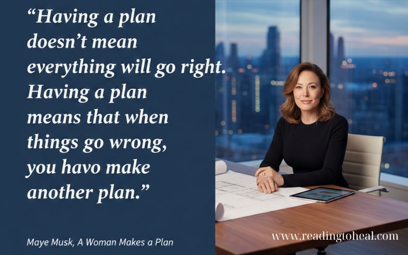 A collection of inspirational life quotes from Maye Musk's book 'A Woman Makes a Plan' displayed in a clean, modern layout.