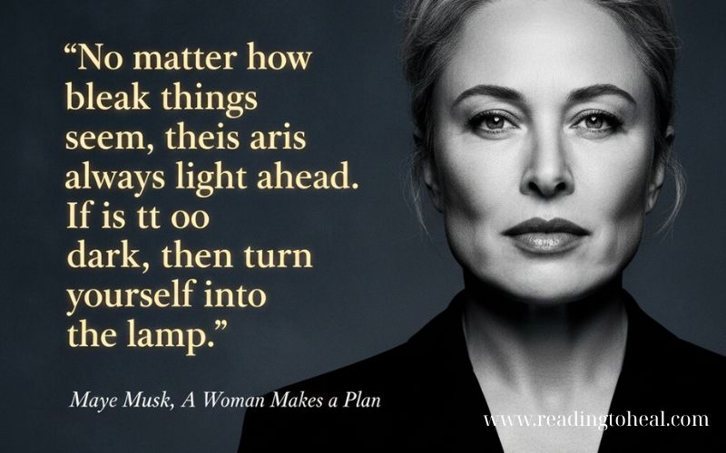 Black and white portrait of Maye Musk with an inspirational quote about finding light in dark times from her book 'A Woman Makes a Plan.'