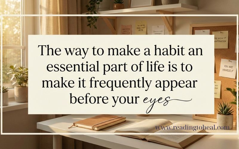 Inspirational quote from Atomic Habits about making habits visible on a workspace background.