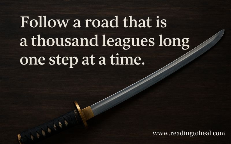 Miyamoto Musashi quote on perseverance with a Katana sword on a dark wood background.