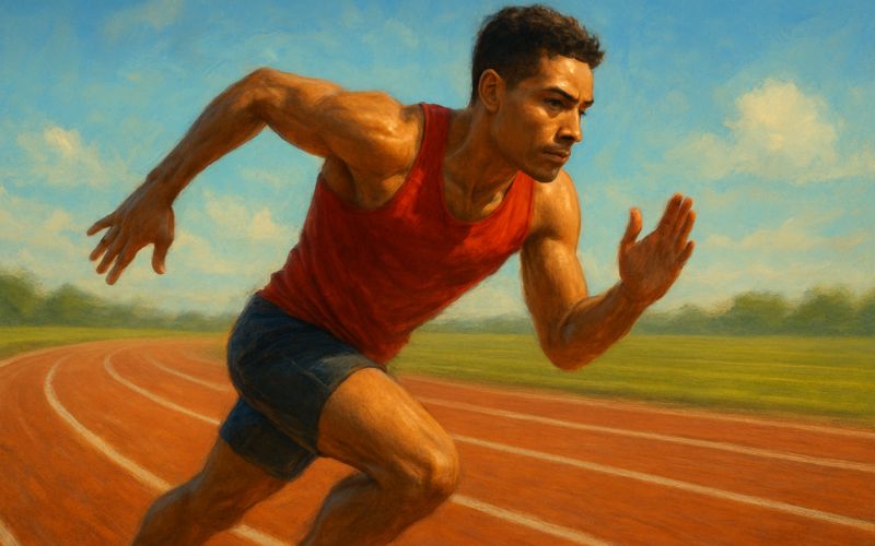 A powerful painting of a male athlete sprinting on a running track under a clear blue sky, illustrating the determination to reach the goal as mentioned in Philippians 3:13-14.