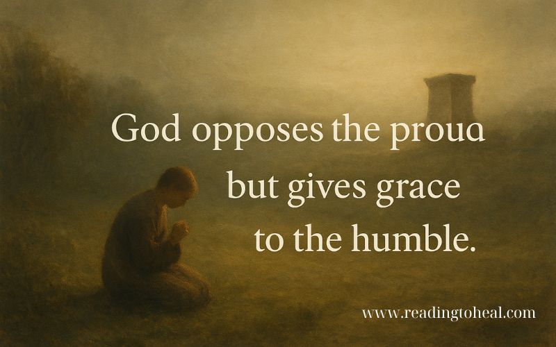 A person kneeling in humble prayer in a misty field with James 4:6 Bible quote.
