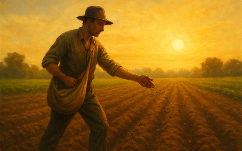 An oil painting of a farmer sowing seeds in a vast field at sunrise, symbolizing hard work and the promise of a future harvest in Galatians 6:9.