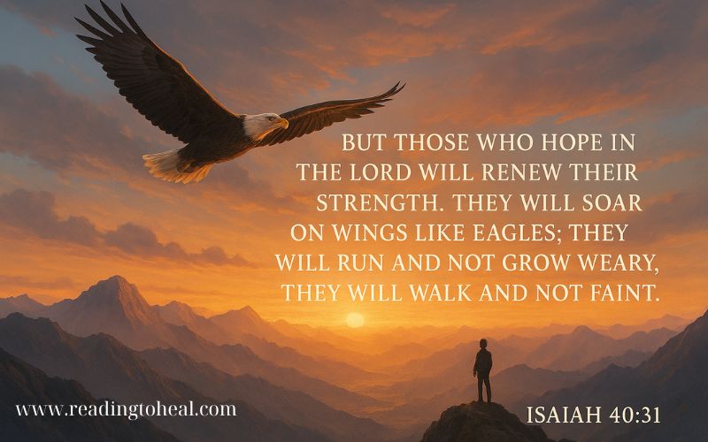 Bible verse Isaiah 40:31 on a sunset background with a soaring eagle, focusing on renewing strength through hope in the Lord.