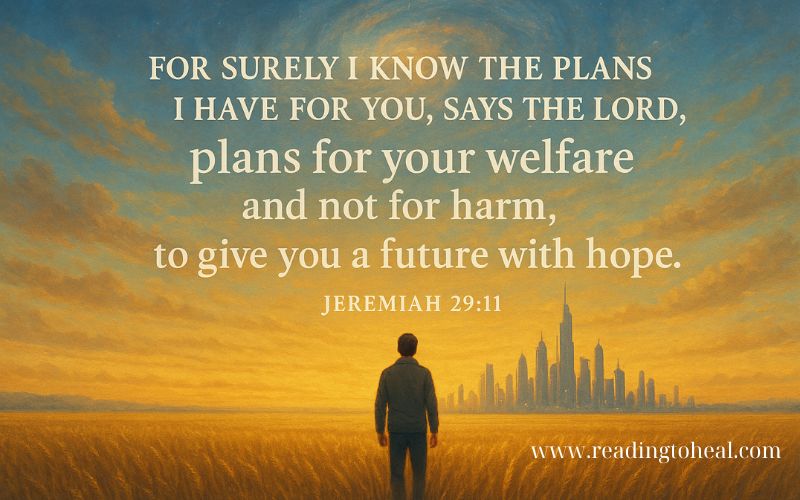 Inspirational Scripture from Jeremiah 29:11 about God's plans for welfare and a future with hope, featuring a person standing in a field looking at a distant city.