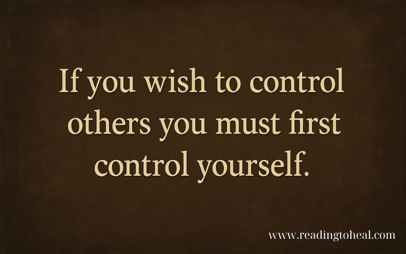 Self-control quote by Miyamoto Musashi on a vintage brown background.