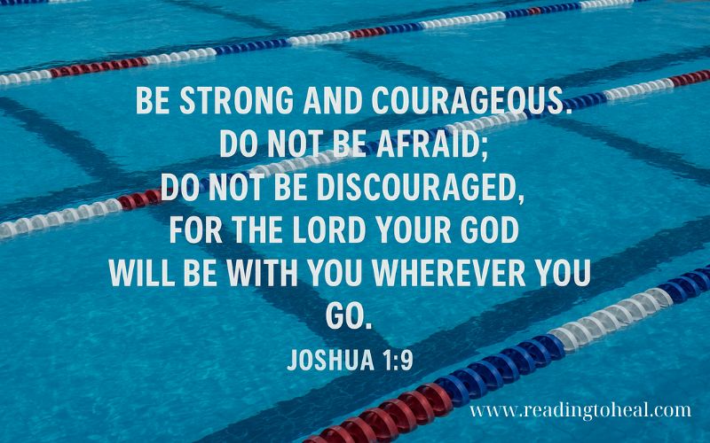 A swimming pool background with Joshua 1:9 Bible verse about being strong and courageous for athletes.