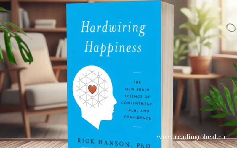 The blue book cover of 'Hardwiring Happiness: The New Brain Science of Contentment, Calm, and Confidence' by Rick Hanson, Ph.D., featuring a profile of a human head with a heart inside a neural network, set against a cozy home office background.