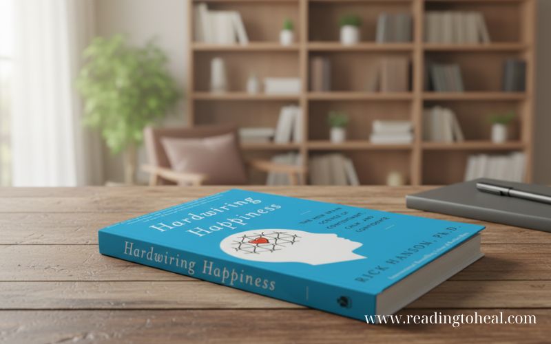 A copy of 'Hardwiring Happiness' by Rick Hanson lying on a wooden table in a brightly lit study room with a bookshelf in the background.
