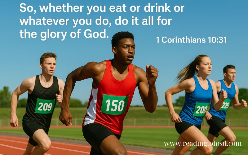 A group of runners competing on a track with 1 Corinthians 10:31 quote about doing everything for the glory of God.
