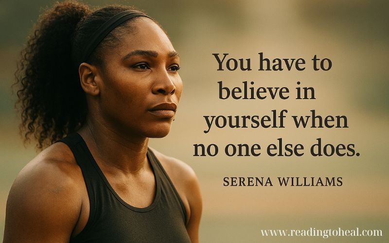 Serena Williams in action on the tennis court, symbolizing strength and resilience.