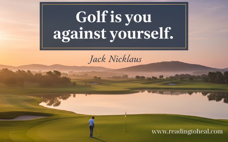 Jack Nicklaus inspirational quote 'Golf is you against yourself' with a golfer putting at sunrise.