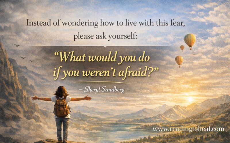 A girl with a backpack standing on a high mountain peak overlooking a valley with hot air balloons, featuring an inspirational quote by Sheryl Sandberg.