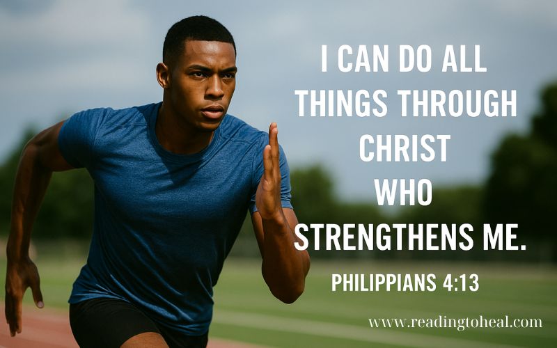 A male sprinter in a blue shirt with Philippians 4:13 quote about strength through Christ.