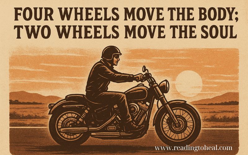 Inspirational motorcycle quote 'Four wheels move the body; two wheels move the soul' over a misty mountain road.