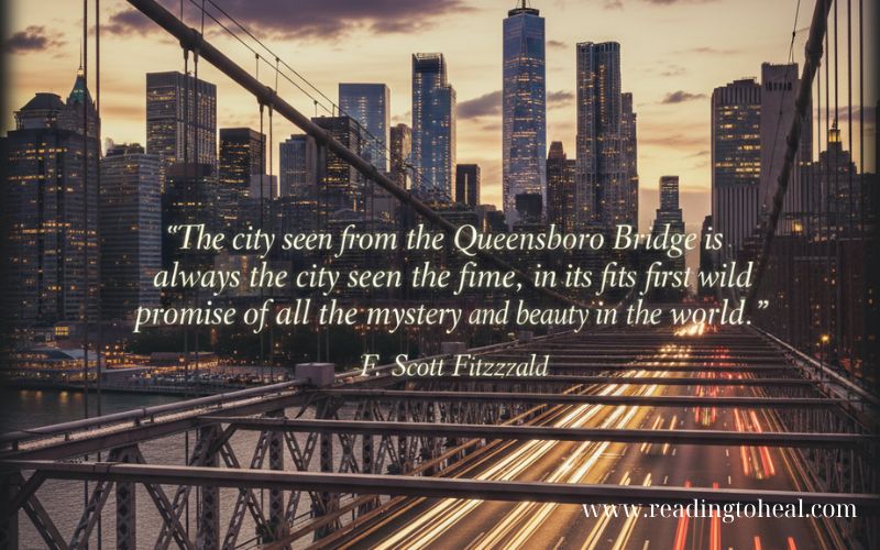 View of the NYC skyline from the Queensboro Bridge at sunset, illustrating famous New York quotes.