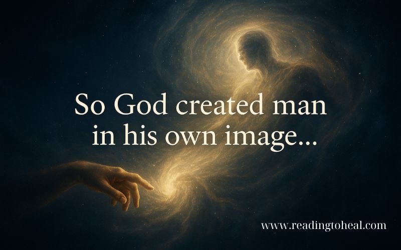 Artistic representation of God's hand creating man in His image with Genesis 1:27 scripture.
