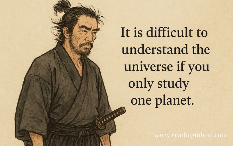 Vagabond manga style illustration of Miyamoto Musashi with a quote on broad perspective.