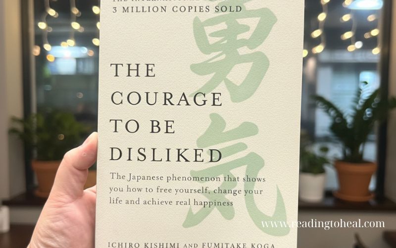 Close up of The Courage to Be Disliked book cover featuring Japanese kanji for courage and light green accents.