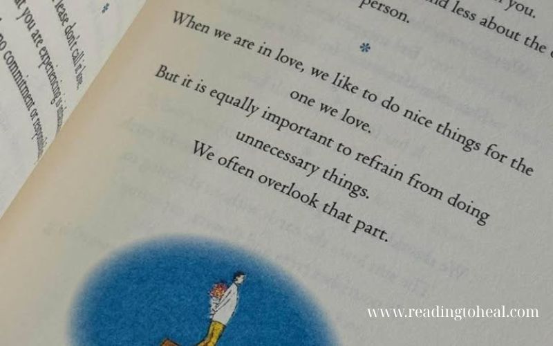 An open page from Haemin Sunim's book featuring a healing quote and artistic illustration.