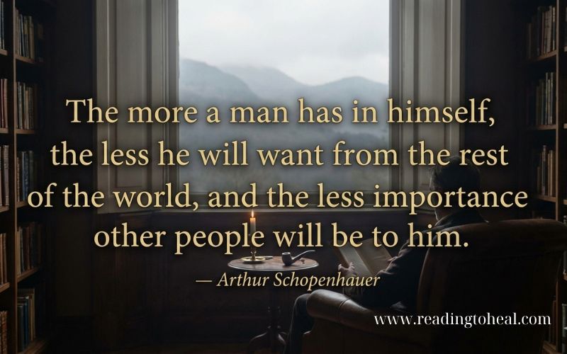 A split illustration showing Arthur Schopenhauer in a study with a lotus flower on the left and a giant pendulum swinging between 'Pain' and 'Boredom' on the right.