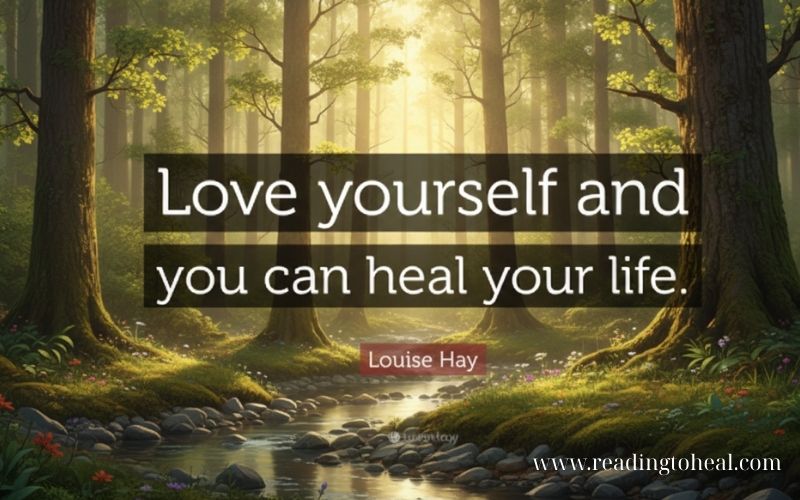 Inspirational quote by Louise Hay 'Love yourself and you can heal your life' over a serene forest stream background with sunlight.
