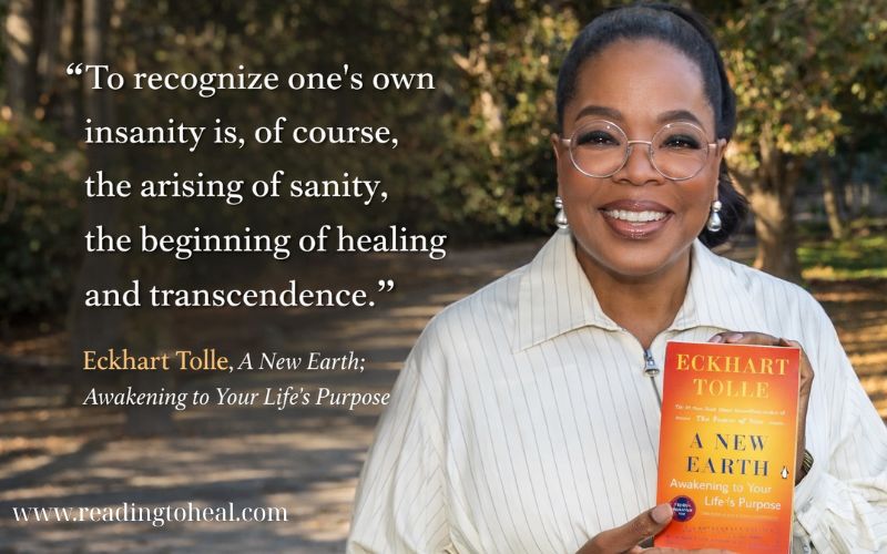 Eckhart Tolle quote about awareness and healing, Oprah Winfrey holding A New Earth book background, spiritual awakening theme, 16:9 quote image