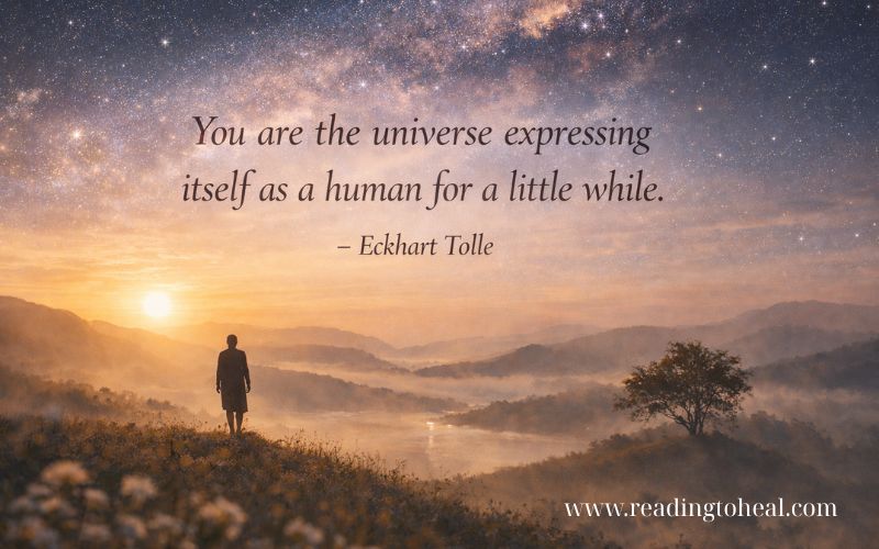 Inspiring spiritual quote by Eckhart Tolle about the universe and human connection over a beautiful sunset landscape.