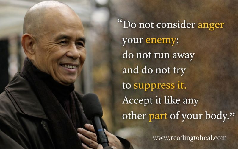 Thich Nhat Hanh quote about accepting anger as part of ourselves, overlaid on a 16:9 image of the Zen master speaking.