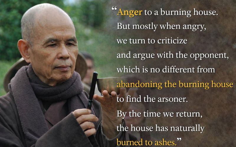 Inspirational quote by Thich Nhat Hanh comparing anger to a burning house, displayed on a 16:9 image of him holding a singing bowl.