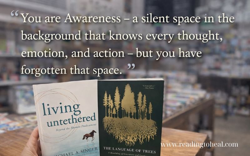 Spiritual quote from Living Untethered about awareness observing thoughts and emotions, symbolizing inner consciousness