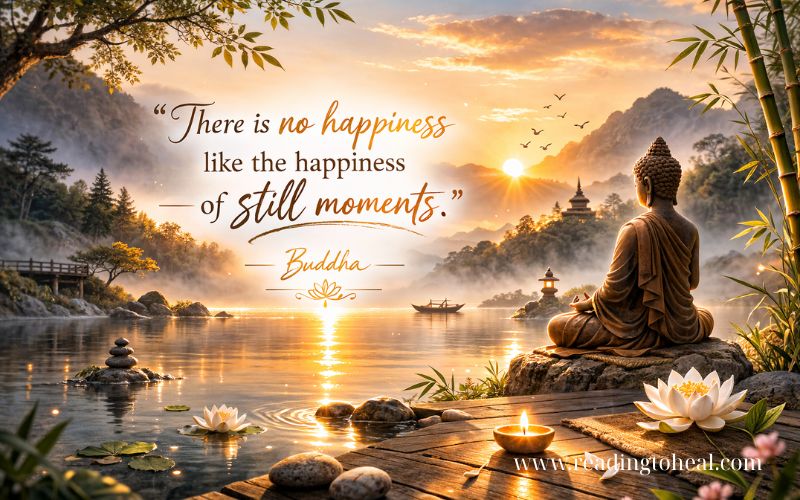 A serene digital art of a Buddha figure meditating by a lake at sunset with the quote: 'There is no happiness like the happiness of still moments.' Features a lotus flower and calm waters.
