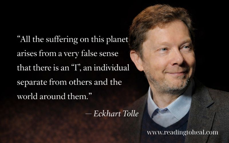 Portrait of author Eckhart Tolle with his quote: 'All the suffering on this planet arises from a very false sense that there is an 'I', an individual separate from others and the world around them'