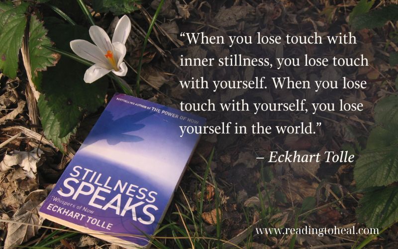 The book Stillness Speaks by Eckhart Tolle lying on a bed of dry leaves next to a small white flower. Quote: 'When you lose touch with inner stillness, you lose touch with yourself...'.