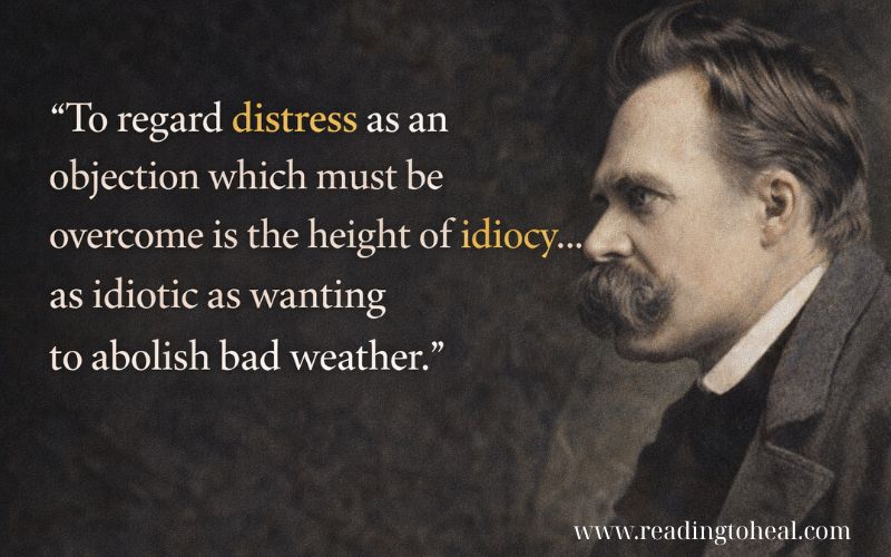 Friedrich Nietzsche quote about distress and human suffering, illustrated with a dark, contemplative portrait of Nietzsche