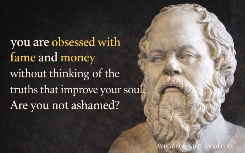 Quote by Socrates about obsession with fame and money, illustrated with a classical portrait of Socrates in a philosophical tone