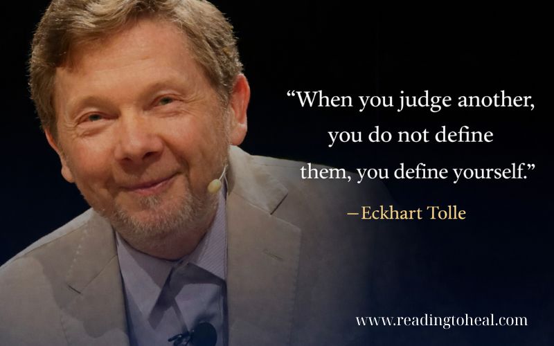 Eckhart Tolle portrait with quote about judgment and self-awareness