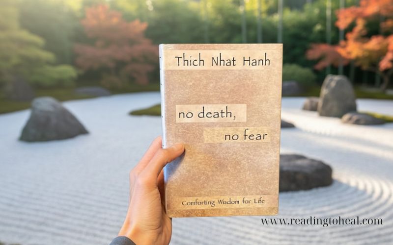 No Death No Fear by Thich Nhat Hanh held in a Zen garden – a mindfulness book about overcoming fear and understanding life and death